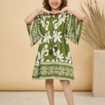 Girls' Olive Green Kaftan Dress with White Floral Print and Tassel Drawstring