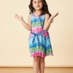 Girls' Multi-Color Tie-Dye Pleated Dress with Bandhani Print and Waist Tie