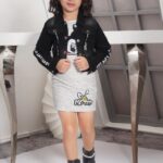 Girls' 2-Piece Urban Outfit – Cropped Black Jean Jacket with White Striped Graphic Dress