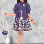 Girls' Dark Purple Flared Frock with Cream Geometric Border Embroidery and Purse