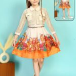 : Marvel Fashion Girls' European Village Print Dress – 2-Piece Frock with Cropped Jacket