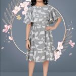 Girls' Grey Geometric Print Midi Dress with Flared Angel Sleeves and Elastic Waist