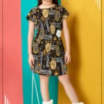 Girls' Black and Gold Baroque Print Plissé Frock with Matching Purse Set