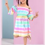 Girls' Multi-Color Rainbow Horizontal Stripe Off-Shoulder Dress with Tassel Belt
