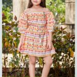 Girls' Yellow and Orange Aztec Geometric Print Off-Shoulder Dress with Tassel Belt