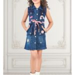 Girls' Dark Wash Denim Sleeveless Shirt Dress with Pink Tie Belt and Rainbow Patches
