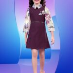 Girls' Deep Plum Party Dress – Elegant Floral Sleeve Collared Frock