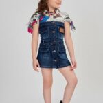 Girls' Dark Wash Denim Pinafore Dress with Attached Newspaper Print Collared Top