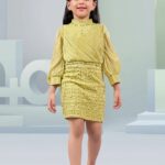 Girls' Designer Lime Green Co-Ord Style Dress – Pleated Bodice & Smocked Texture Short Midi Frock