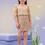 Girls' Premium Metallic Gold 2-in-1 Style Dress – Embroidered Net Top & Button-Accent Shimmer Frock