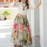 Girls' Vintage Floral Skirt Set – Cream Collared Shirt & Tassel Detail