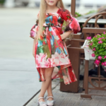 Girls' Red Floral High-Low Party Dress with Puff Sleeves and Bow Belt