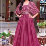 Women's Premium Silk Blend Gown – Magenta Wine Color with Teli Work Belt & Sunburst Neckline