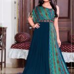 Women's Teal Blue Indo-Western Gown with Ajrakh Print Panel and One-Shoulder Draped Sleeve