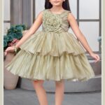 Girls' Olive Green Layered Tulle Party Dress with Giant 3D Rose Flower Patch