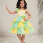 Girls' Premium Shimmering Yellow & Green Multi-Tiered Frock – Sleeveless Mesh Princess Dress