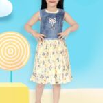 Girls' Unicorn Print Pleated Dress with Attached Denim Vest – 2-in-1 frock