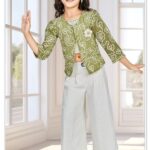 Girls' 3-Piece Olive Green Embroidered Jacket Set with White Crop Top and Wide-Leg Trousers