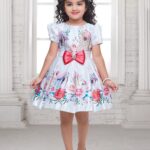 Girls' Off-White Satin Digital Floral Print Party Dress with Contrast Red Waist Bow