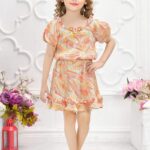Girls' Peach and Orange Marble Print Plisse Dress – Puff Sleeve Pleated