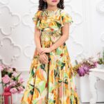 Girls' Luxury Multi-Color Printed Plisse Gown – Mustard Yellow Flared Long Frock with Embellished Belt