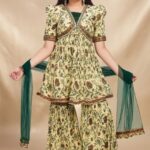Girls' Kalamkari Floral Print Sharara Suit Set – 3-Piece Festive Ethnic Wear with Net Dupatta