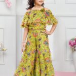 Girls' Lemon Green Floral Print Sharara Suit Set – 2-Piece Off-Shoulder Crop Top and Tiered Sharara Pants