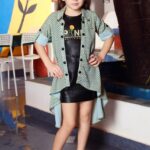 Girls' Luxury Modern Party Wear Set – Yellow Checked Asymmetrical Jacket and Leather-Look Mini Dress