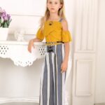 Girls' Mustard Yellow Cold-Shoulder Top and Striped Wide-Leg Palazzo Pants Co-Ord Set