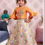 Girls' Luxury Festive Lehenga Set – Mango Colour Silk Choli with Zardosi Embroidery & Flared Geometrical Print Skirt