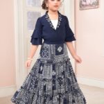 Girls' Navy Blue 3-Piece Festive Set – Pearl Embroidered Shrug, White Inner Top, and Tiered Bandhani Print Maxi Skirt