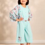 Girls' Luxury Pastel Blue One-Piece Jumpsuit – Wide-Leg Culottes with Sheer Floral Lantern Sleeves and Belt