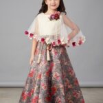 Girls' Premium Digital Print Floral Gown – Elegant Evening Party Wear Poncho Cape Dress