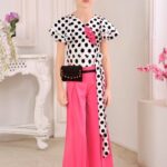 Girls' Polka Dot Ruffle Top and Tomato Red Wide-Leg Palazzo Set – 2-Piece Fusion Co-Ord with Waist Pouch