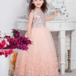 Girls' Luxury Festive Long Frock – Rose Gold Shimmer Bodice with Peach Net Flared Skirt and 3D Butterfly Appliques
