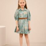 Girls' Luxury Pastel Green Button-Down Dress – Collared A-Line Frock with Puff Sleeves and Brown Leather Belt
