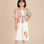 Girls' Luxury Modern Fusion Set – White Pinstripe Flared Palazzo Jumpsuit with Stripe & Floral Half-Jacket