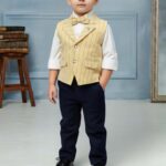 Boys' 4-Piece Formal Suit Set – Yellow Pinstripe Waistcoat, White Shirt, Bow Tie & Navy Trousers Party Wear