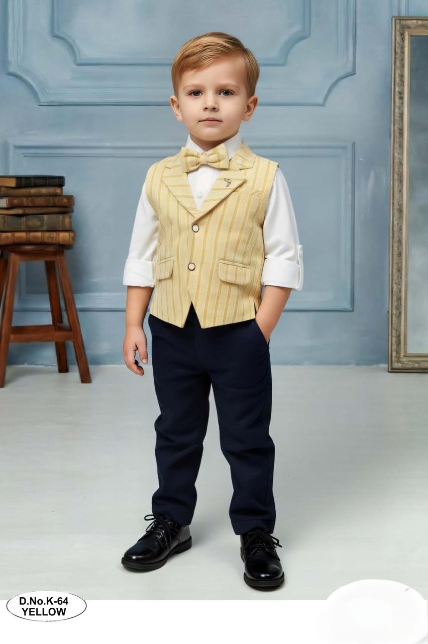 WhatsApp Image 2026-06-17 at 2.07.20 PM Boys' 4-Piece Formal Suit Set – Yellow Pinstripe Waistcoat, White Shirt, Bow Tie & Navy Trousers Party Wear - Image 1