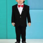 Boys' Classic Black Tuxedo Suit Set – 4-Piece Formal Blazer, White Shirt, Red Bow Tie & Trousers Party Wear
