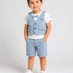 Boys' Luxury Party Wear 2-Piece Shorts Set – Powder Blue Textured Waistcoat with Attached Bowtie and Folded Shorts