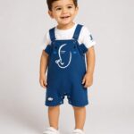 Boys' Luxury Indigo Blue Dungaree Shorts Set – Cute Elephant Face Overalls with Soft White Short-Sleeve Tee