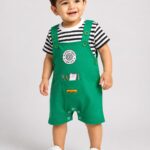 Boys' Green Cotton Dungaree with Black Striped T-Shirt Set – 2-Piece Cute Summer Overalls Romper