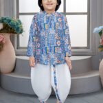 Kids' Luxury Traditional Blue Patchwork Printed Kurta, White Bordered Dhoti, and Turban Set for Festivals