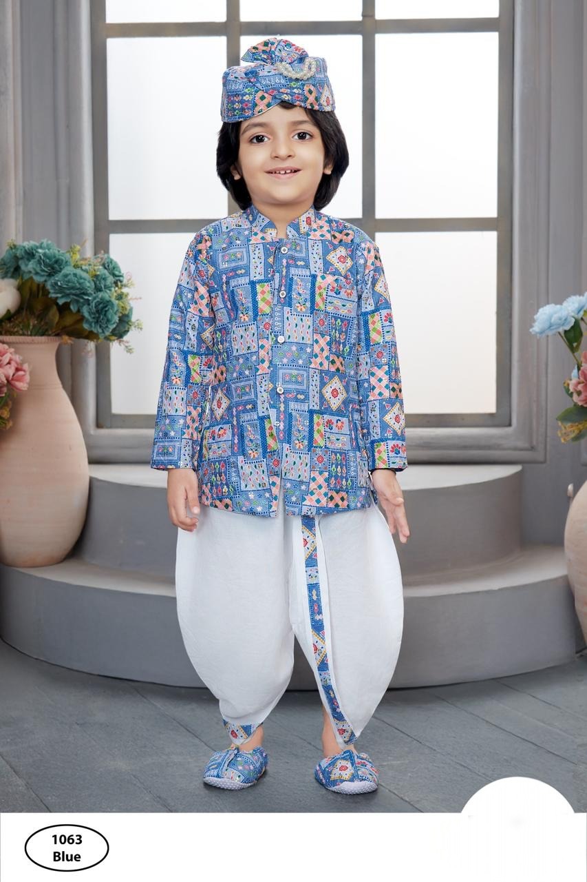 WhatsApp Image 2026-06-18 at 1.45.07 PM (1) Kids' Luxury Traditional Blue Patchwork Printed Kurta, White Bordered Dhoti, and Turban Set for Festivals - Image 1