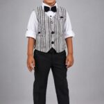 Boys' Luxury Wedding & Evening Suit – Striped Formal Waistcoat with Matching Black Trousers, White Roll-Up Shirt, and Bowtie Set