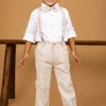 Boys' 5-Piece Vintage Suspender Suit Set – Beige Striped Trousers, Tuxedo Shirt, Bow Tie, Braces & Flat Cap
