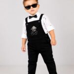 Boys' Black Dungaree Set with White Printed Shirt and Bow Tie – 3-Piece Cute Teddy Overalls Outfit