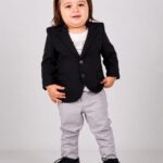 Boys' 3-Piece Semi-Formal Smart Suit Set – Classic Black Blazer, White T-Shirt, and Grey Trousers
