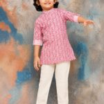 Boys' Pink Ikat Printed Kurta and Off-White Pajama Set – 2-Piece Traditional Ethnic Wear for Kids